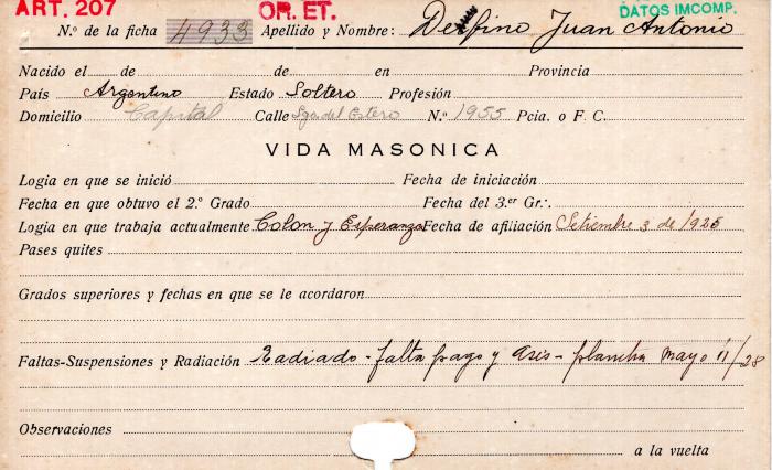 Ficha de miembro de  Juan Antonio Defino.
