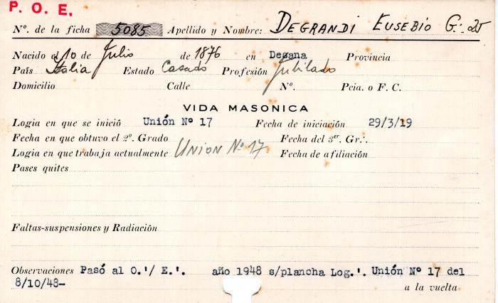 Ficha de miembro de Eusebio Degrandi.