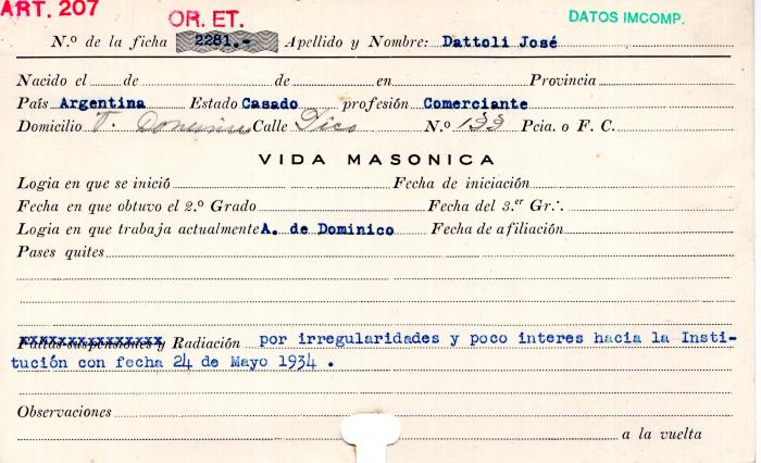 Ficha de miembro de José Dattoli.