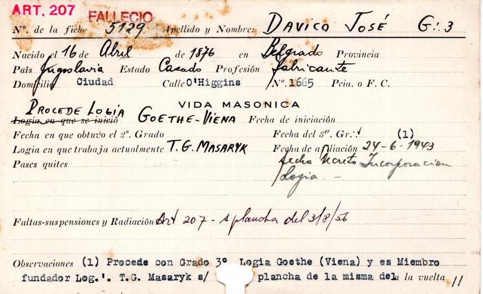 Ficha de miembro de José Davico.