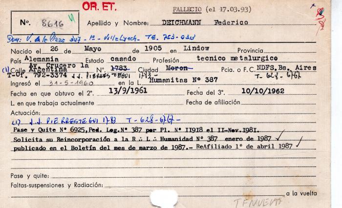 Ficha de miembro de Federico Deichmann.