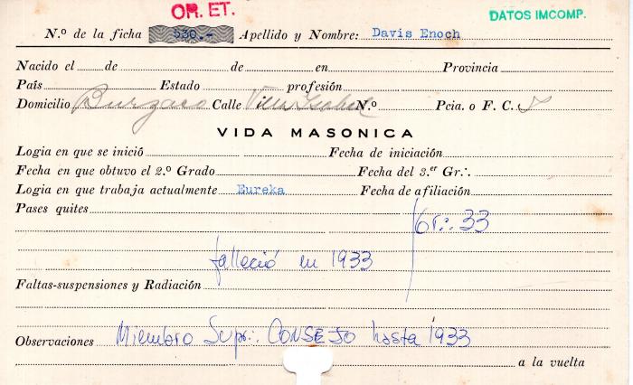 Ficha de miembro de Enoch Davis.