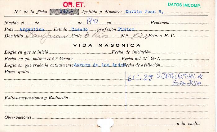 Ficha de miembro de Juan B. Davila.