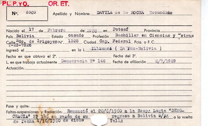 Ficha de miembro de Secundino Davila de la Rocha.