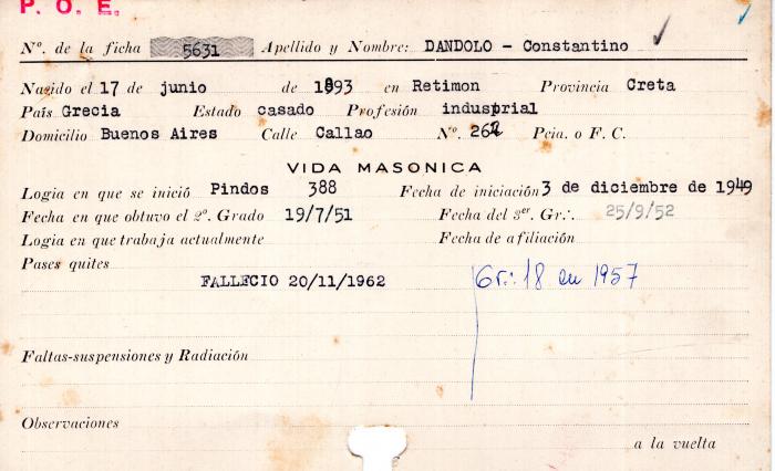 Ficha de miembro de Constantino Dandolo.