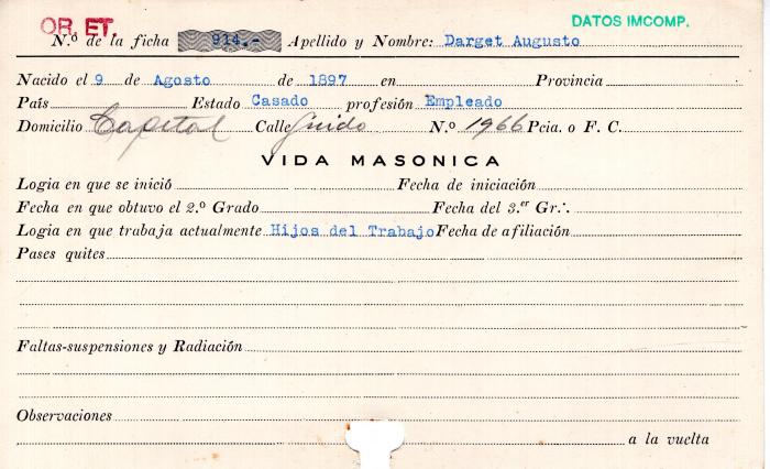 Ficha de miembro de  Augusto Darget.