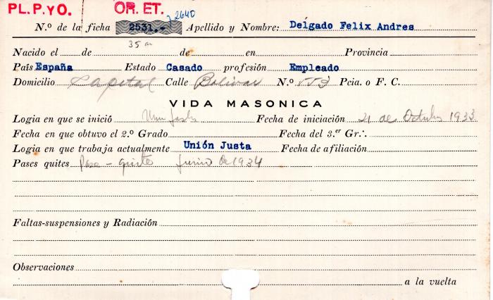 Ficha de miembro de  Felix Andrés Delgado.