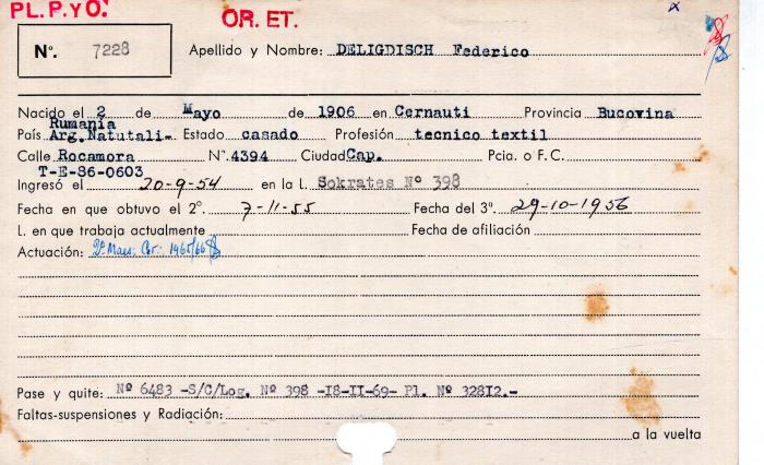 Ficha de miembro de Federico Deligdisch.