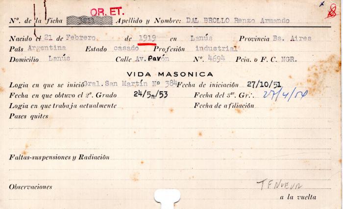 Ficha de miembro de Renzo Armando Dal Brollo.