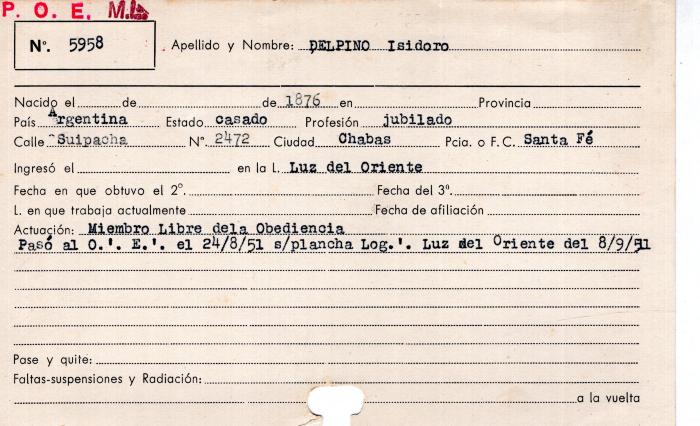 Ficha de miembro de Isidoro Delpino.
