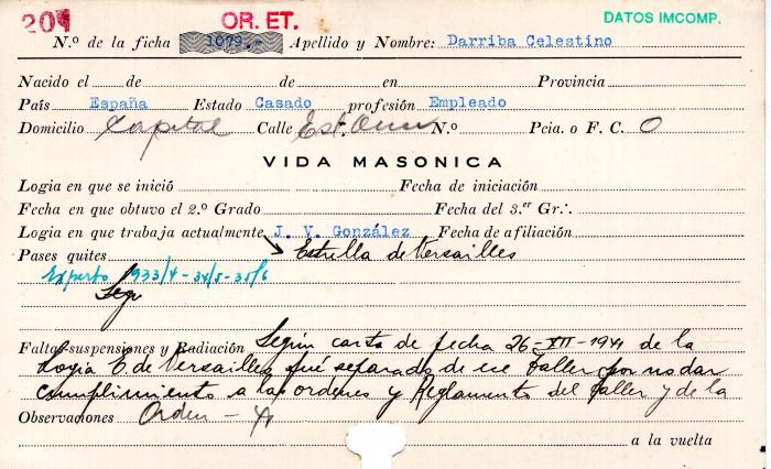 Ficha de miembro de Celestino Darriba.