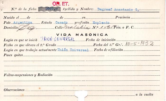Ficha de miembro de Anastasio Degreef.