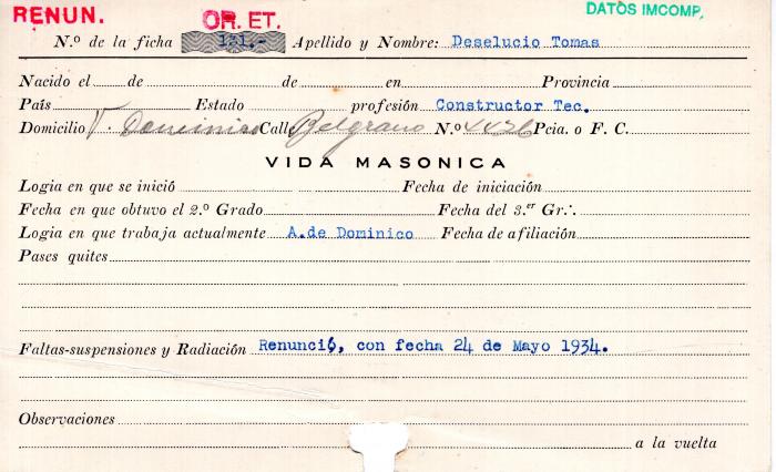 Ficha de miembro de Tomás Deselucio.