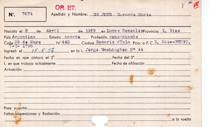 Ficha de miembro de Gerardo Mario De Jong.
