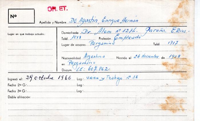 Ficha de miembro de  Enrique Hernán De Agustín.