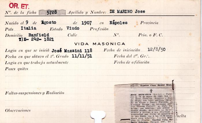 Ficha de miembro de José De Marino.