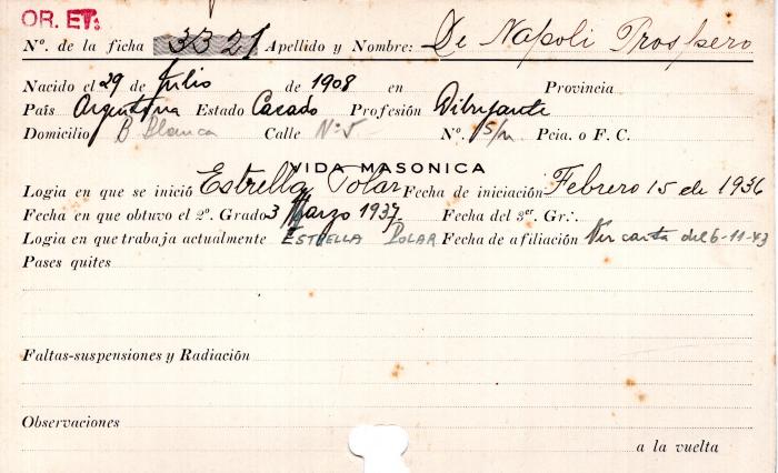 Ficha de miembro de Próspero De Napoli.