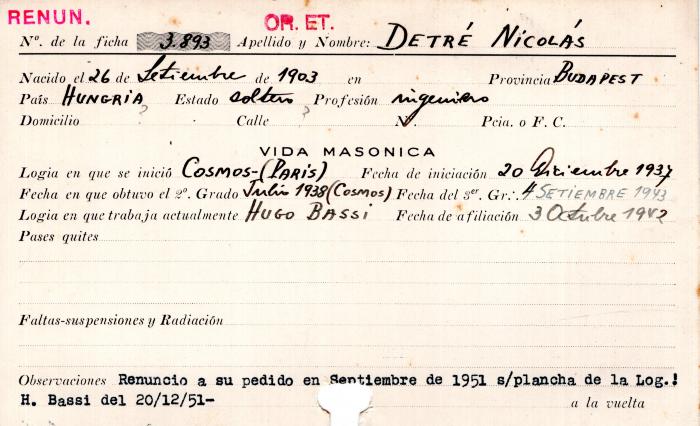 Ficha de miembro de Nicolás Detré.