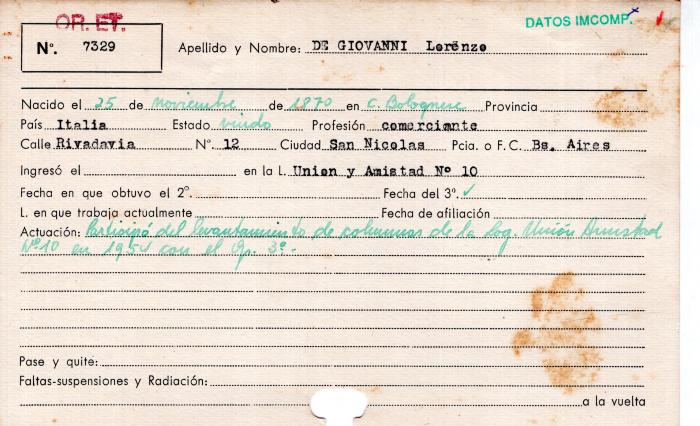 Ficha de miembro de Lorenzo De Giovanni.