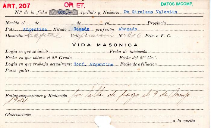 Ficha de miembro de Valentín De Girolao.