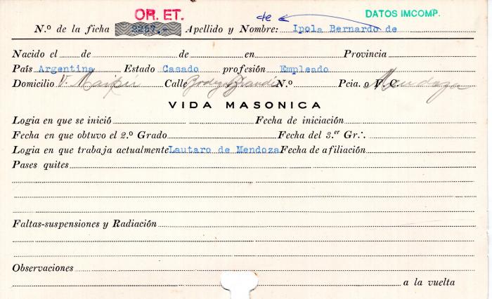 Ficha de miembro de Bernardo De Ipola.