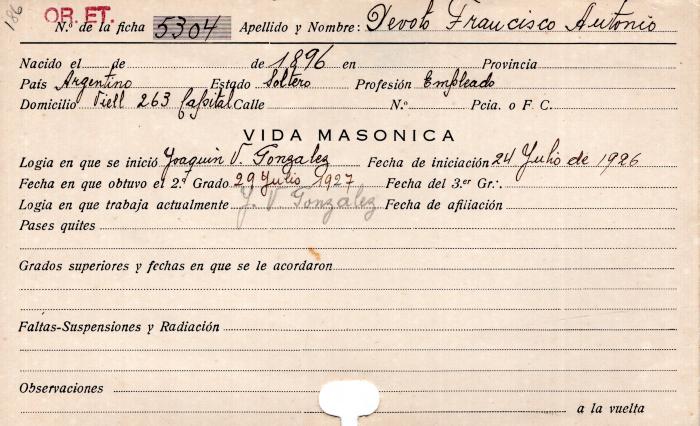Ficha de miembro de Francisco Antonio Devoto.