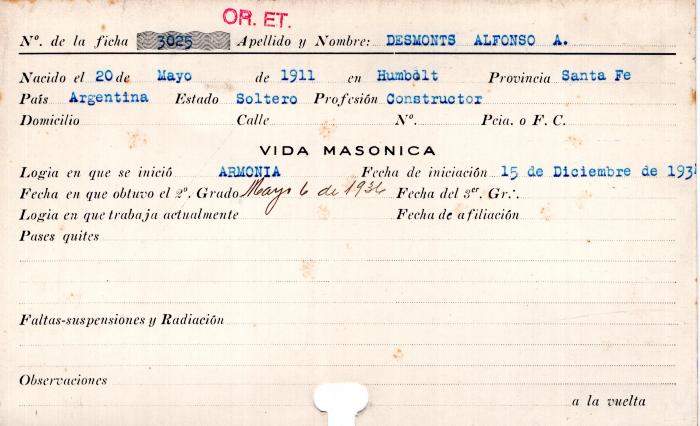 Ficha de miembro de Alfonso A. Desmonts.