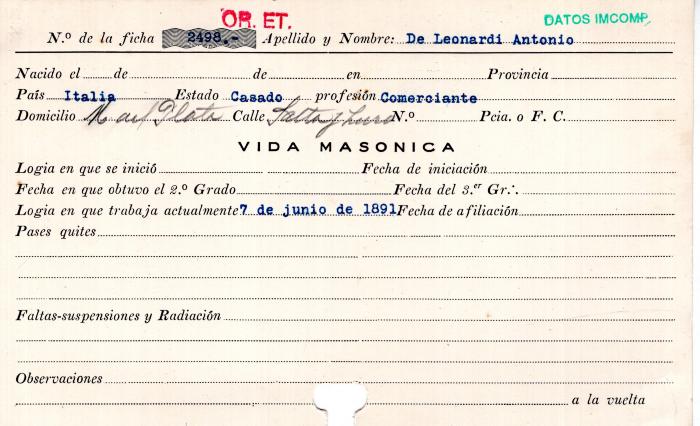 Ficha de miembro de Antonio De Leonardi.