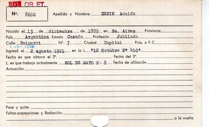 Ficha de miembro de Adolfo Denis.