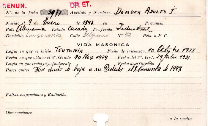Ficha de miembro de  Adolfo I. Dember.