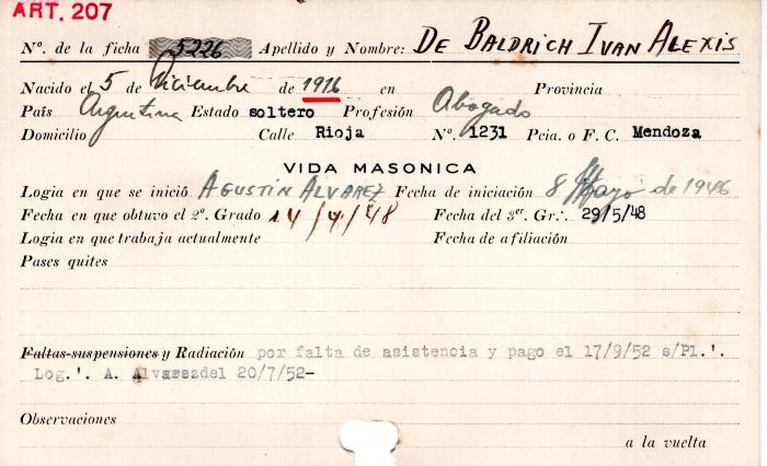 Ficha de miembro de Ivan Alexis De Baldrich.