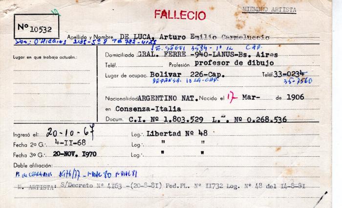 Ficha de miembro de Arturo Carmeluccio De Luca.