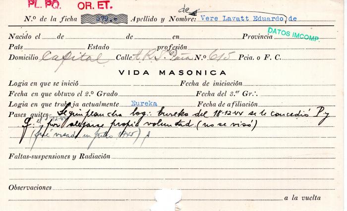 Ficha de miembro de Eduardo De Vere Lavatt.