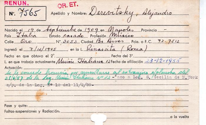 Ficha de miembro de Alejandro Derevitsky.