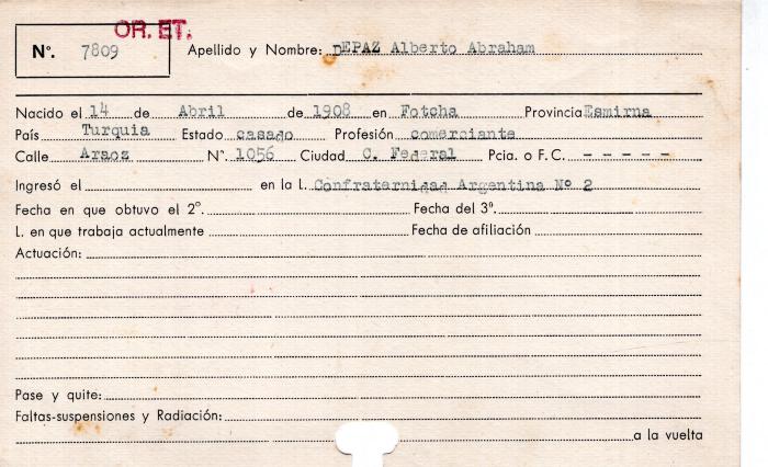 Ficha de miembro de Alberto Abraham Depaz.