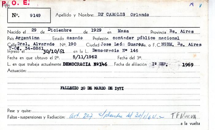 Ficha de miembro de Orlando De Carolis.