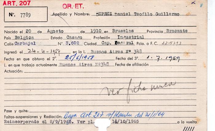 Ficha de miembro de Daniel Teófilo Guillermo Deprez.
