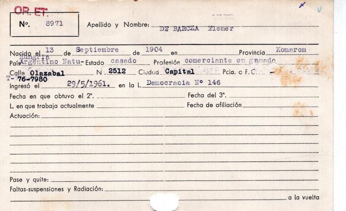 Ficha de miembro de Elemer De Barcza.
