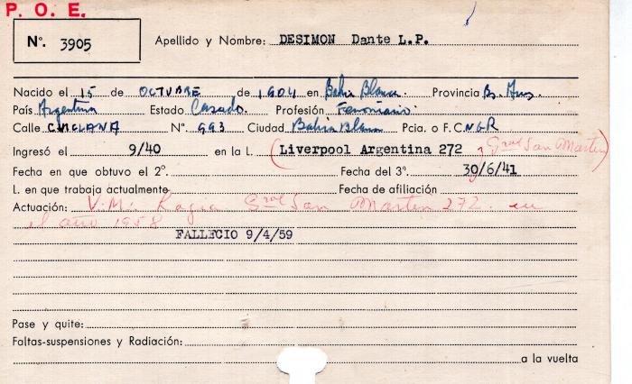 Ficha de miembro de Dante L. P. Desimon.