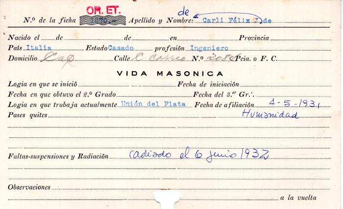 Ficha de miembro de Felix J. De Carli.