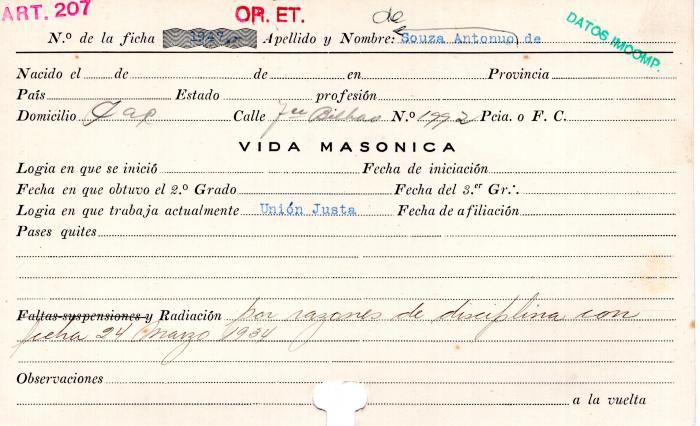 Ficha de miembro de Antonio De Souza.