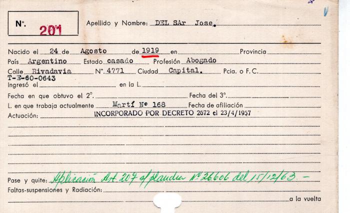 Ficha de miembro de José Del Sar.