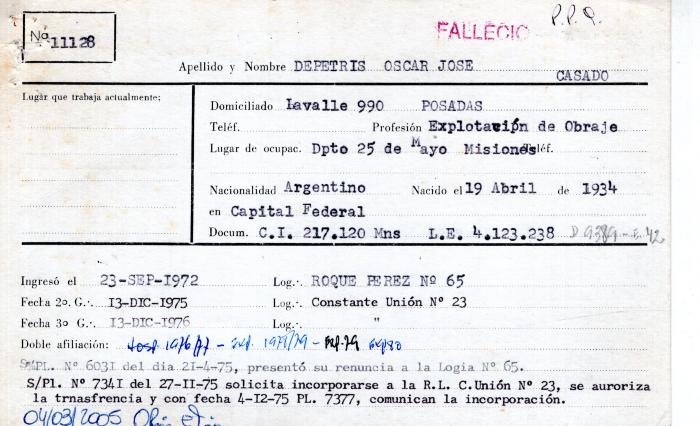 Ficha de miembro de Oscar José Depetris.