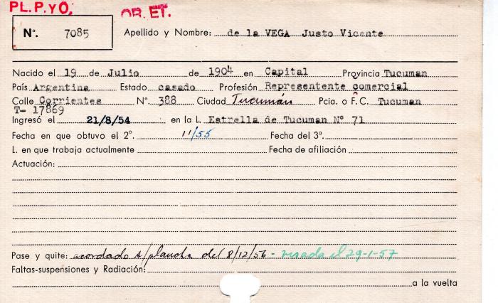 Ficha de miembro de Justo Vicente De la Vega.