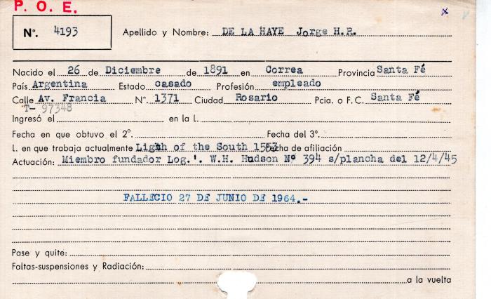 Ficha de miembro de Jorge H. R. De la Haye.