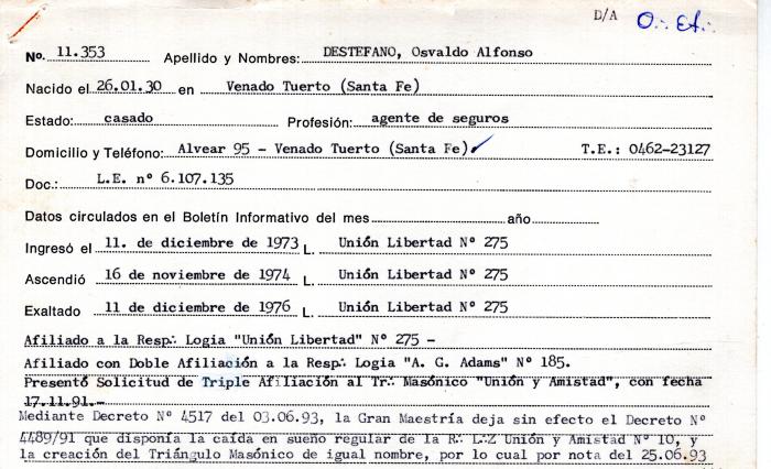 Ficha de miembro de Osvaldo Alfonso Destefano.