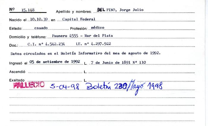 Ficha de miembro de Jorge Julio Del Pino.