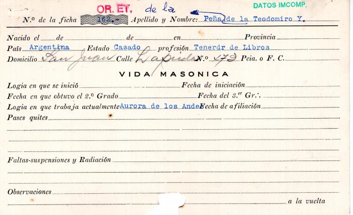 Ficha de miembro de Teodomiro Y. De la Peña.
