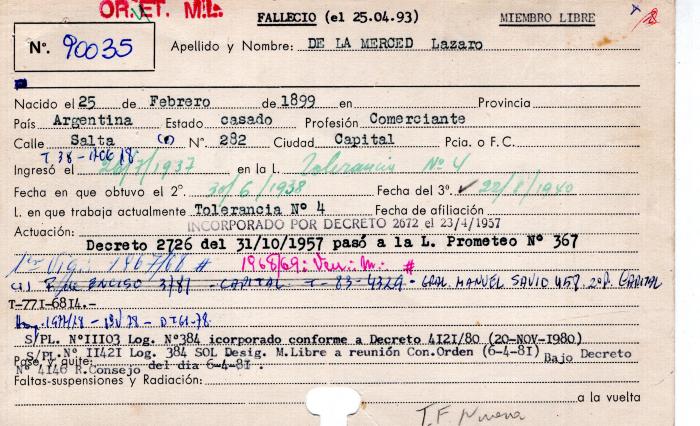 Ficha de miembro de Lazaro De la Merced.
