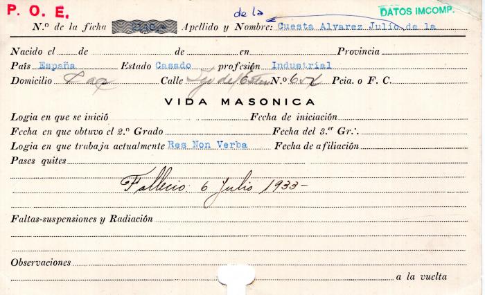 Ficha de miembro de Julio De la Cuesta Alvarez.